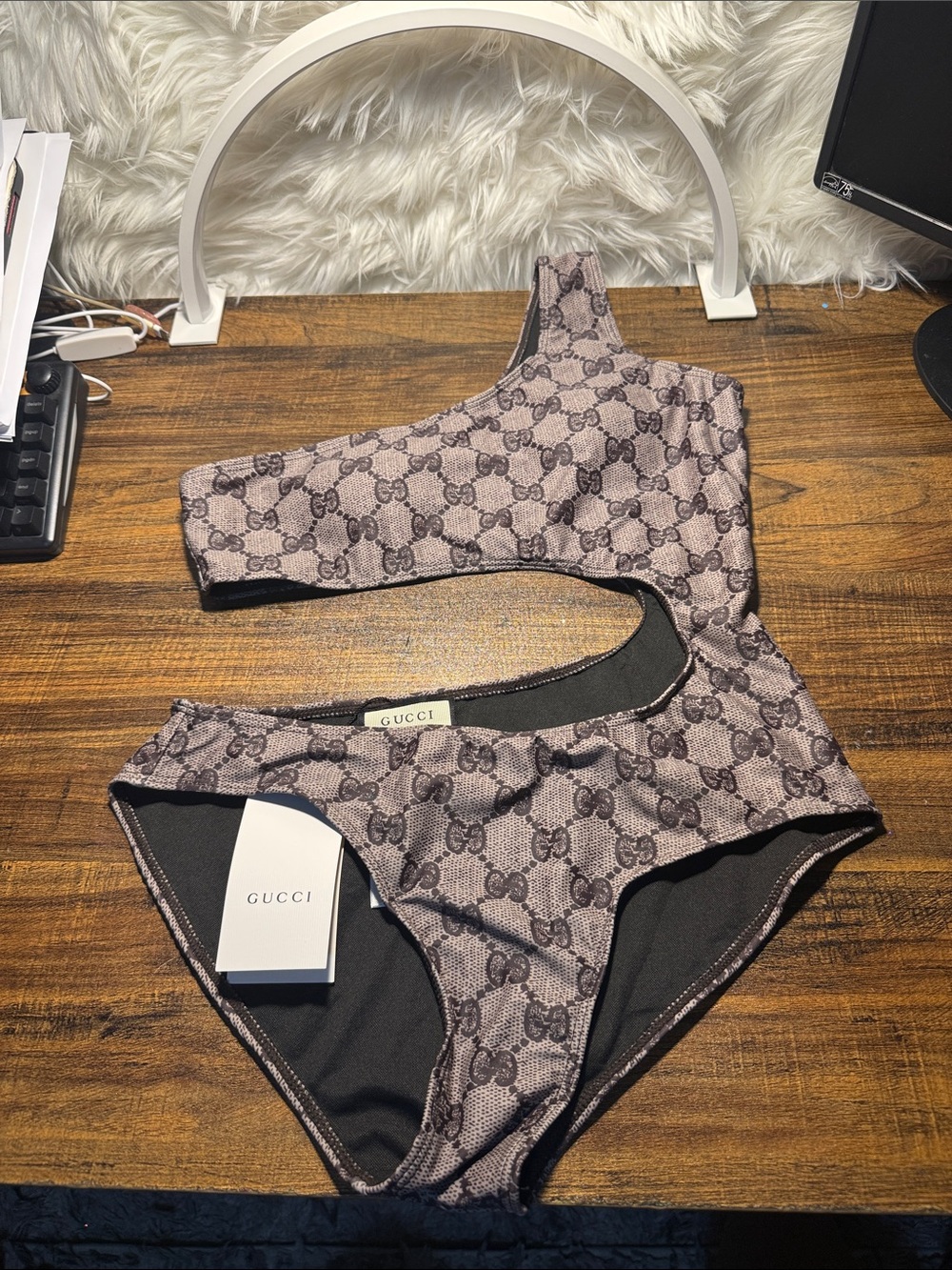 Gucci One-Shoulder Monogram Bikini in Taupe